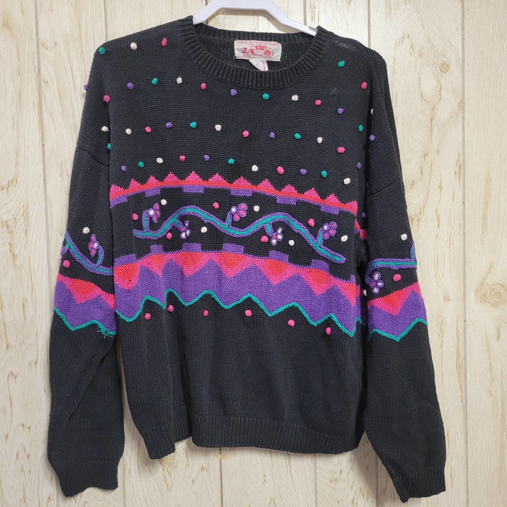 COACH in Four Seasons VIntage Knitted Pompom Multicolor Pullover Sweater